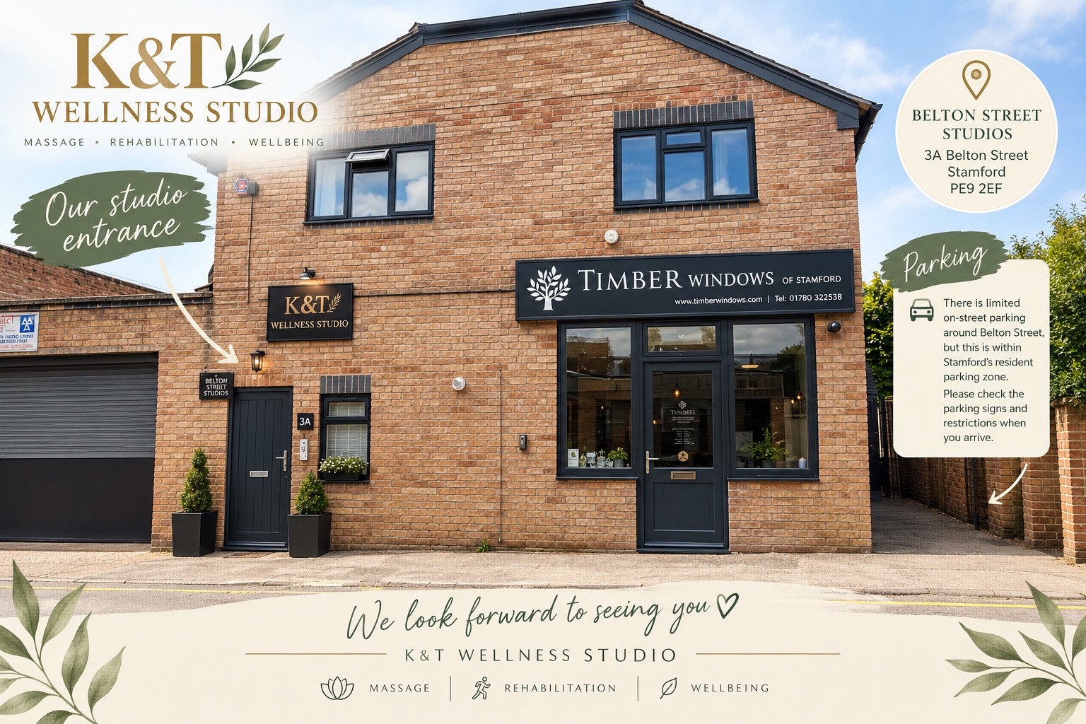 Brick building at Belton Street Studios with a dark door marked 3A, a K&T Wellness Studio sign above it and a Belton Street Studios sign beside it