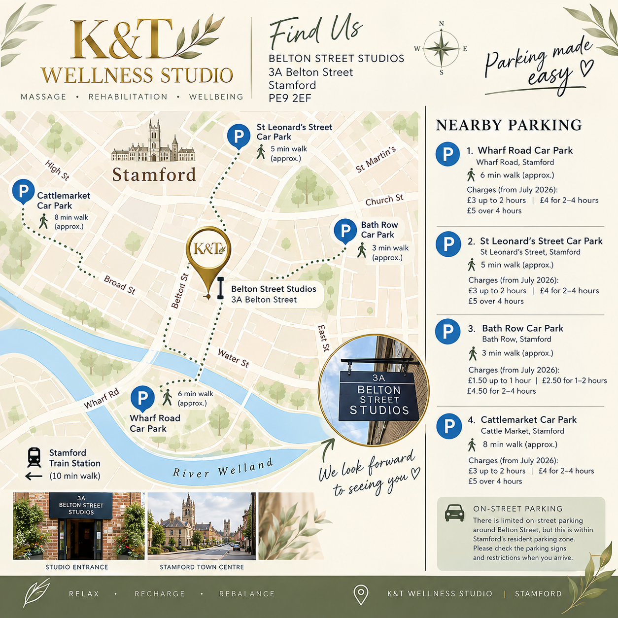 Illustrated map of Stamford town centre showing Belton Street Studios and the nearby Wharf Road, St Leonard’s Street, Bath Row and Cattle Market car parks