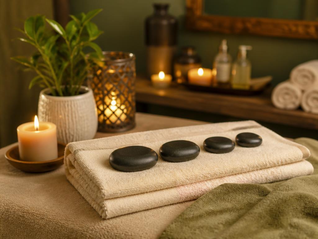 Warm massage stones arranged beside candles
