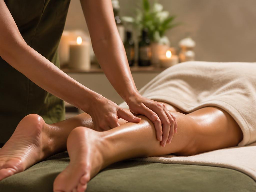 Therapist applying deeper pressure to a client's lower leg with warm oil