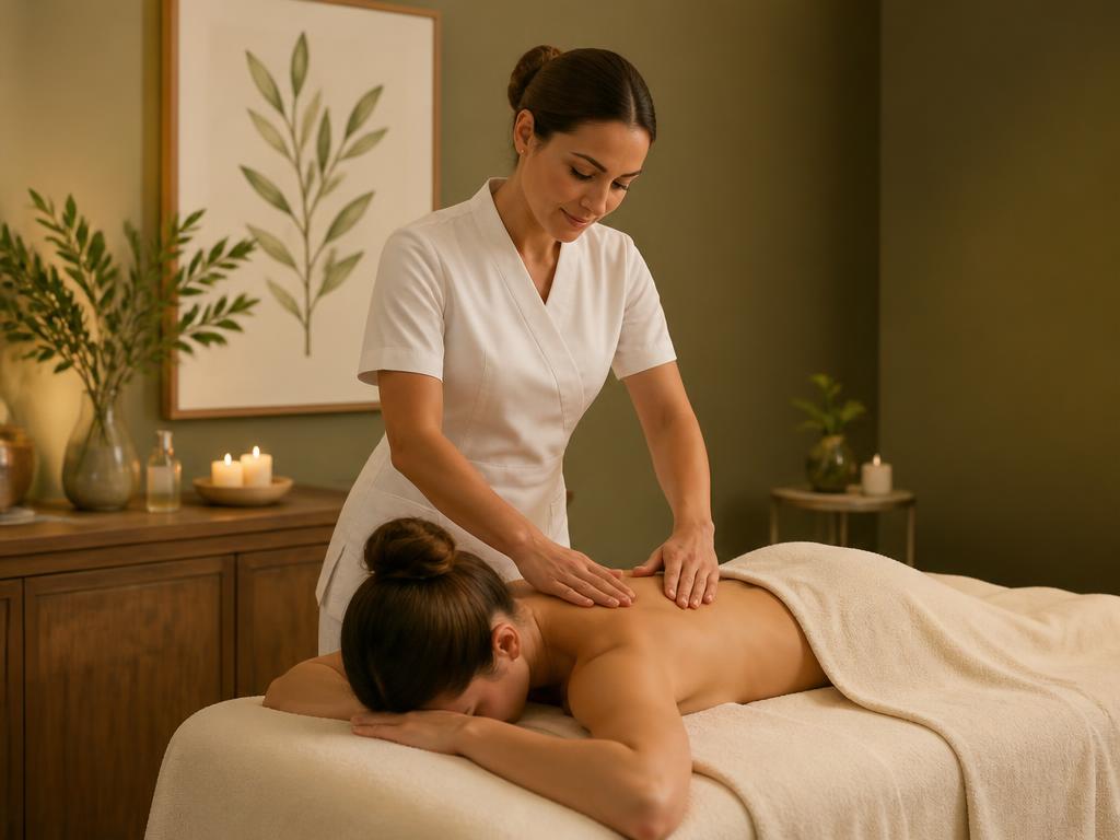 Therapist working across a client's shoulders during a sports massage in the olive-toned studio