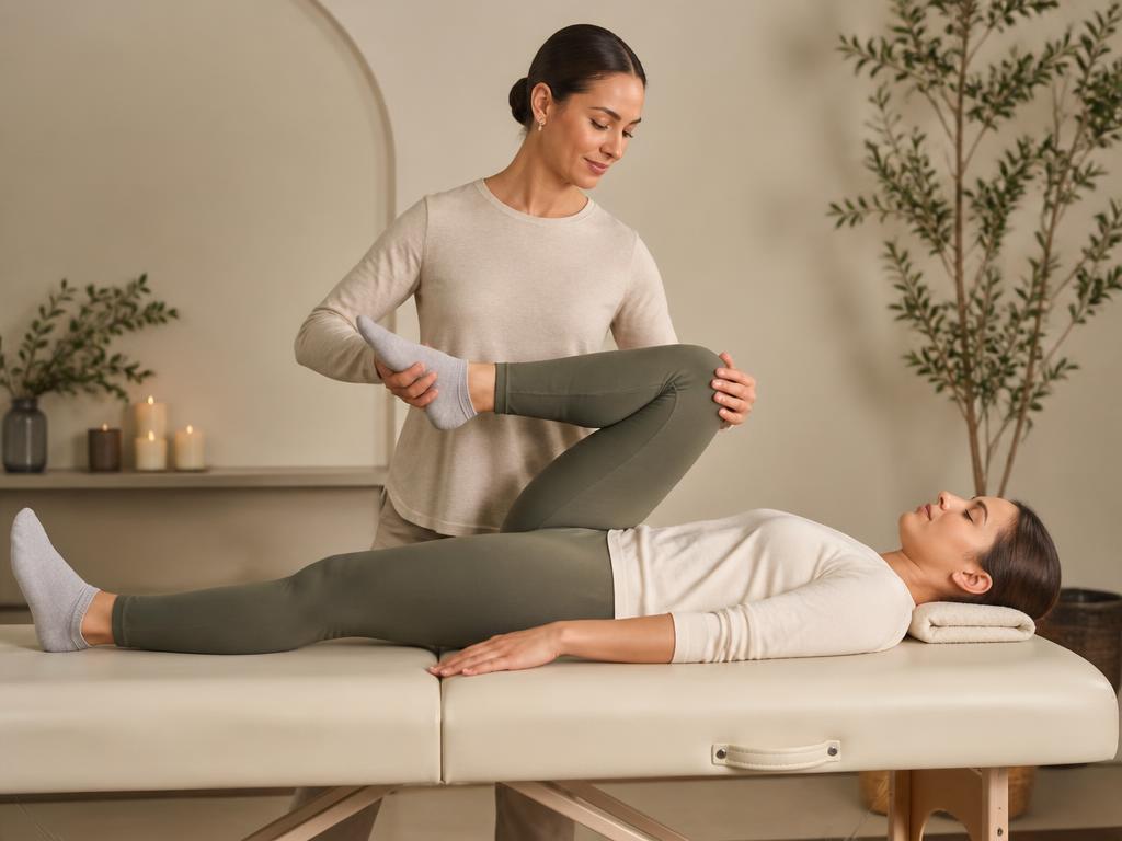 Therapist guiding a supported leg stretch during a mobility session
